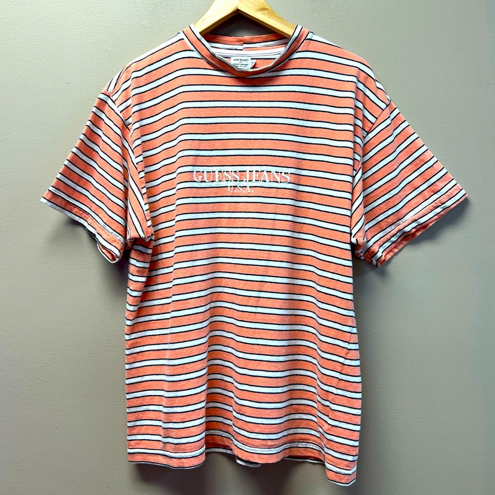 VGT Guess Men's Striped Short Sleeve Loose Fit Tee - Peach and White